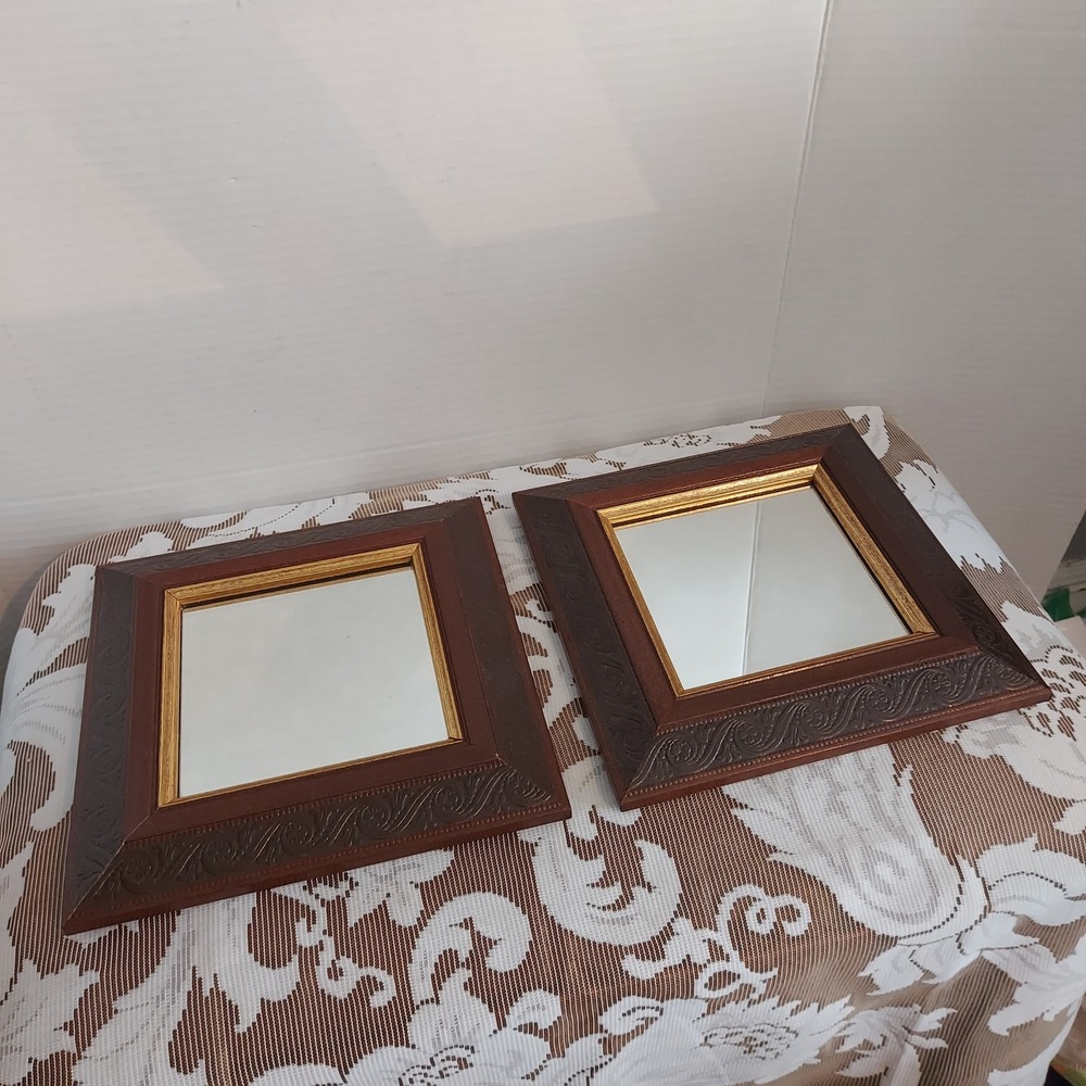 Home Interiors & Gifts Vintage Square Wall Mirrors Brown Gold Scroll Set of 2